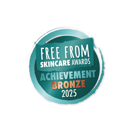 teal round badge with distressed edges reading Free From Skincare Awards Achievement Bronze 2025 calm your skin unwind your mind