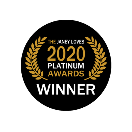 black circular badge with gold laurel wreath and text Janey Loves 2020 platinum awards winner calm your skin unwind your mind