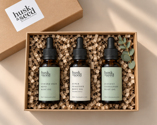 Mini Body Oil Trio Gift Set in its kraft gift box
