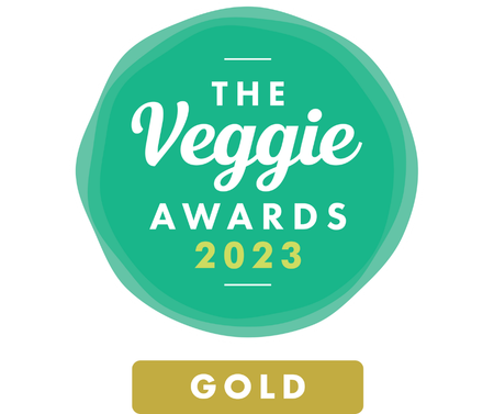 green circular badge with white text The Veggie Awards 2023 and gold rectangle with word Gold calm your skin unwind your mind