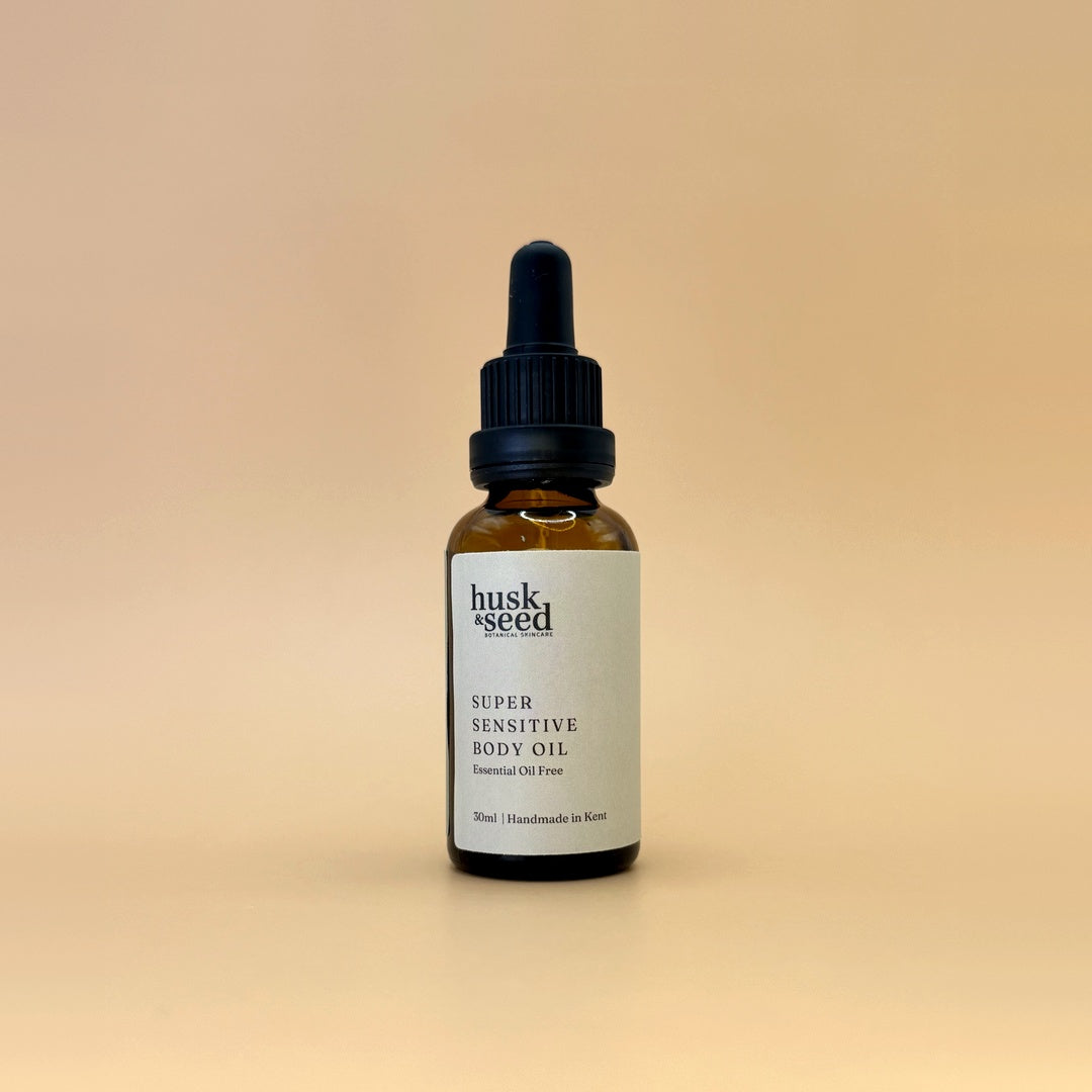 Super Sensitive Body Oil 30ml in an amber glass bottle - Husk & Seed
