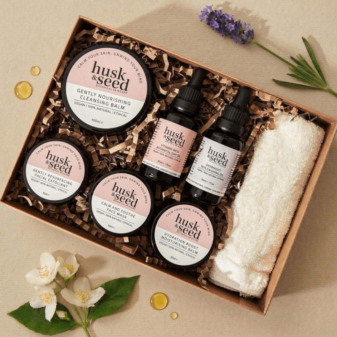 The Facial In A Box (24% Saving) + FREE GIFT botanical skincare set with cleansing balm, oils, and hydration boost balm from Husk & Seed UK